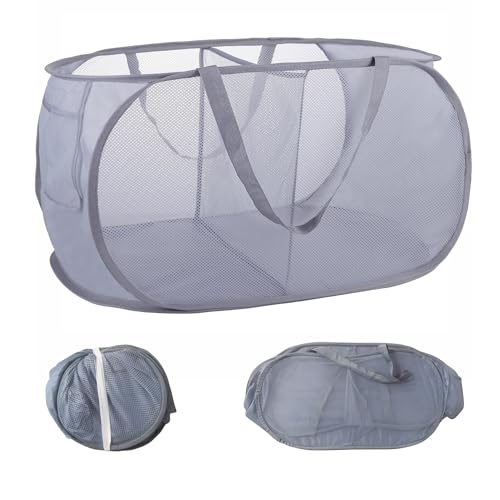 Popup Laundry Basket, Foldable Laundry Basket, Popup Laundry Hamper,Durable Mesh, 2 Compartment,Easy Carry Handles - Ideal for College Dorms, Laundry Rooms, and Travel (2 Compartments-Gray)
