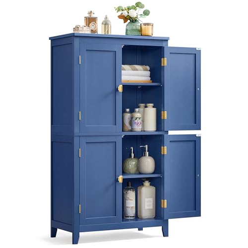 Songmics Home VASAGLE Bathroom Floor Storage Cabinet with 4 Doors, Bijou Blue
