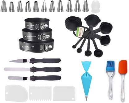 MAFAHH Combo of 3 pcs Round Cake Moulds, 12 pcs Cake Nozzle, Piping Bag, 3 pcs Icing Spatula Sc, 8 pcs Measuring Cups and Spoon and Silicon Brush Spatula Set | Bakeware Combo | Cake Making Tools