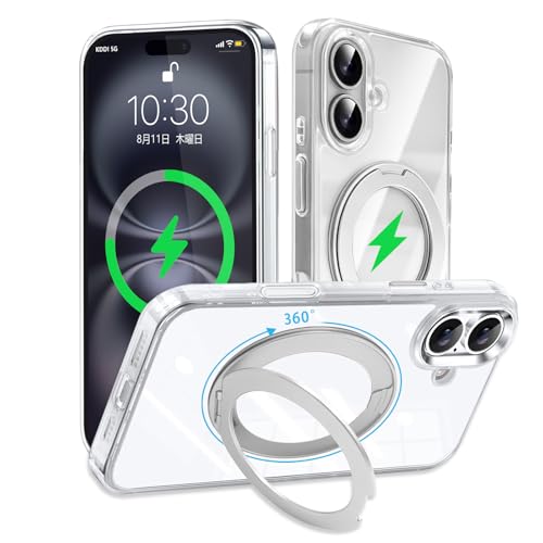 に適合するiPhone16 用のケース カバー 耐衝撃 リング付き 360°回転スタンド MagSafe対応 アイフォン16用 多機能デザイン リング マグネット搭載 ワイヤレス充電 縦横多角度 車載ホルダー ストラップホール付き 指紋防止 黄変防止 6.1インチ（シルバー）の商品画像（Amazon）