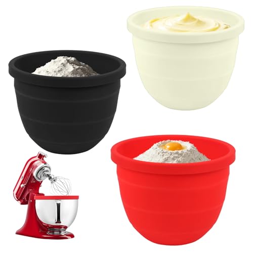 3 PCS Foldable Silicone Liners for Kitchenaid Tilt-Head 5 QT Mixer - Dishwasher-Safe Food-Grade Silicone Bowl Insert - Simple to Use Mixer Accessories for Effortless Baking Prep (Black+Off-White+Red)  