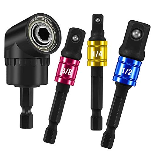 4Pcs Power Hand Tools,Impact Grade Socket Wrench Adapter Extension Set+105 Degree Right Angle Drill Attachment Bit Extension,Angle Drill Attachment,3/8 to 1/2 Socket Adapter,90 Degree Bit Driver