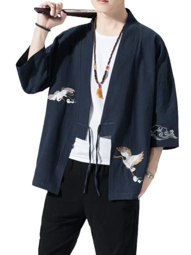 Image of Men's Japanese Kimono Cardigan Loose Cotton Linen 3 /4 Sleeve Open Front Casual Summer Shirt Jackets