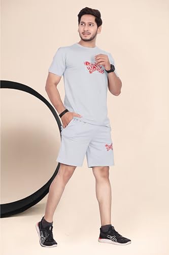Image of HOODMASTER Men's Cotton Night Suit Set of Top & Knee Length Shorts with Round Neck Half Sleeves Solid Pattern Regular Fit and Standard Length | Mens Cotton Night Suit | T-Shirt and Shorts Sets