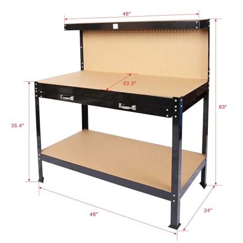 Work Bench with Drawers, Wood Garage Workbench with Peg Board and Storage Shelf, Multipurpose Work Table Tool Organizer for Shop, Hold up to 300 lbs, 48" L x 24" W x 63" H