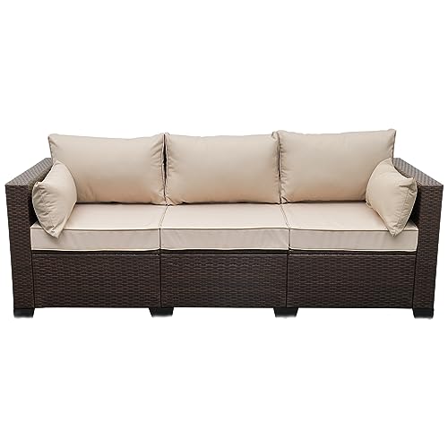 WAROOM Patio Couch PE Wicker 3-Seat Outdoor Brown Rattan Sofa Deep Seating Furniture with Non-Slip Beige Cushion