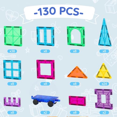 Bmag 130PCS Magnetic Tiles Building Blocks with 2 Cars | 3D Clear Magnet Blocks | STEM Preschool Toys for 3-9+ Kids | Christmas & Toddler Gift | Compatible with Major Brands