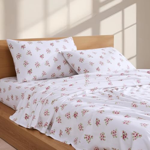 Linen Closet King Size 4-Piece Flannel Sheet Set, 100% Cotton, Brushed Cotton Finish, Deep Pocket Fits Up to 14” Mattress,Easy Care, Oeko-TEX® Certified, Blush Blossom