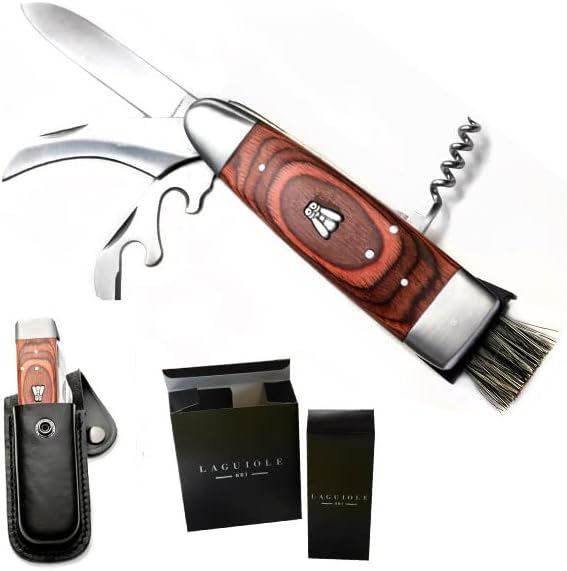 Laguiole mushroom knife with leather case, genuine multifunctions knife, efficient and strong: with2 blades (long, and short for mushrooms), corkscrew, wine opener, foil cutter and small brush. exotic wood handle. Lg (opened) 20cm. Black leather case with belt clip.