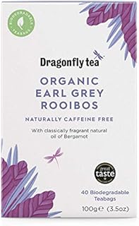 Dragonfly Tea Organic Earl Grey Rooibos, Naturally Caffeine Free Tea, 40 Teabags, Pack of 4, 160 Teabags