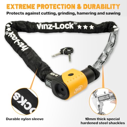 VINZ Jannu Kettenschloss ø10mm | ART 3 Zertifikat | Schloss für Roller E-Scooter Motorrad Moped E-Bike & hochwertiges Fahrrad | sicheres Rollerschloss Motorrad Kette | 100-200 cm (100cm)