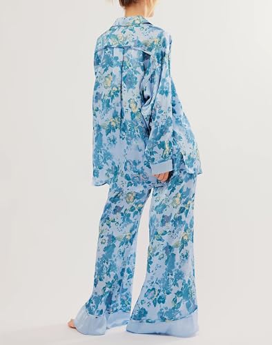 Image of LILTWIST Silk Satin Pajamas Set for Women 2 Piece Floral Pjs Wide Leg Lounge Pants Set Long Sleeve Button down Pj Shirts Set