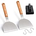 Leonyo Metal Spatula Set of 3, Stainless Steel Griddle Hamburger Spatula Turner Plus Cleaning Brush, BBQ Tools for Flat Top Hibachi Teppanyaki Skillet Cooking Frying Grilling Indoor & Outdoor