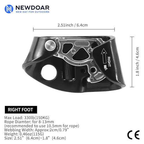 NewDoar Right Foot Ascender Riser Rock Climbing Tree Arborist Mountaineering Rappelling Quick Step Equipment CE Certified Climbing Device for 8~13MM Rope(Right Black)