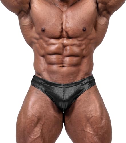 Penveer Men's Bodybuilding Posing Trunks - Classic Physique Competition Suit, IFBB Style with Mesh Front, Black, Large
