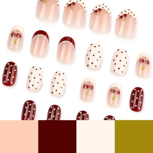 Image of Red White Press on Nails Short Almond Fake Nails Polka Dot Nail Press ons