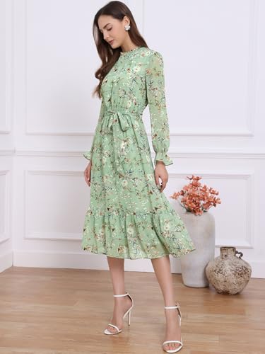 Image of Allegra K Fall Casual Floral Dress for Women 2025 Long Sleeve Crew Neck Chiffon Midi Tea Party Ruffle Dresses