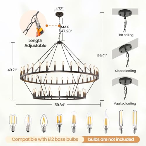54-Lights 2 Tier Wagon Wheel Chandelier, 60" Large Chandeliers for High Ceilings, Round Black Chandeliers for Dining Room, Farmhouse Foyer Lighting Fixtures, for Living Room, Staircase, Entryway by Sdorens - Image 3