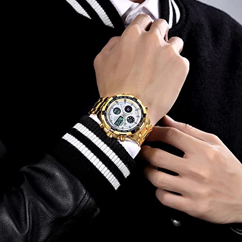 Tamlee Luxury Full Steel Analog Digital Watches for Men Led Male Outdoor Sport Military Wristwatch (Gold White)