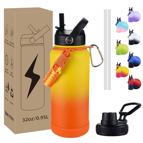 Image of Insulated Water Bottle, 32 oz Stainless Steel Wide Mouth Water Bottles with 2 Leak Proof Lid and Paracord Handle, Double Wall Vacuum Insulated Sports Water Bottle, Yellow Orange
