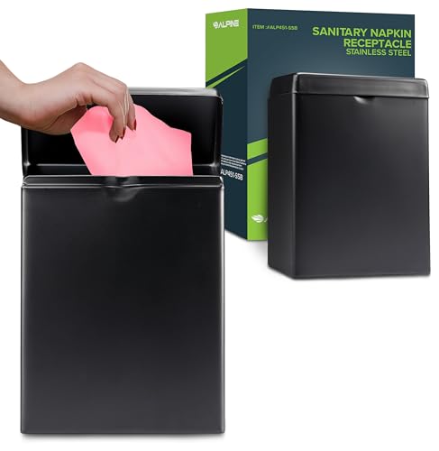 Image of Alpine Sanitary Napkin Receptacle - Wall Mounted Tampon Holder for Bathroom Provides Clean & Odor-Free Restroom for Home, Office & Public Restrooms (Black)
