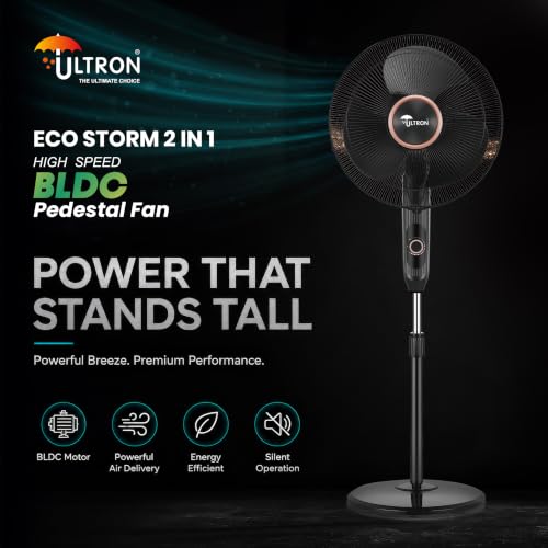 Image of ULTRON Eco Storm 2-in-1 BLDC Pedestal Fan | High Speed 2100 RPM | Converts into Table Fan | Micro Speed Control | Silent Operation | Energy Saving Motor | Adjustable Height | 2 Year Warranty
