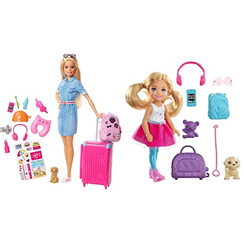 Barbie FWV25 - Reise Puppe mit blonden Haaren inkl. Reisezubehör und Hündchen & FWV20 - Reise Chelsea Puppe mit Hündchen…