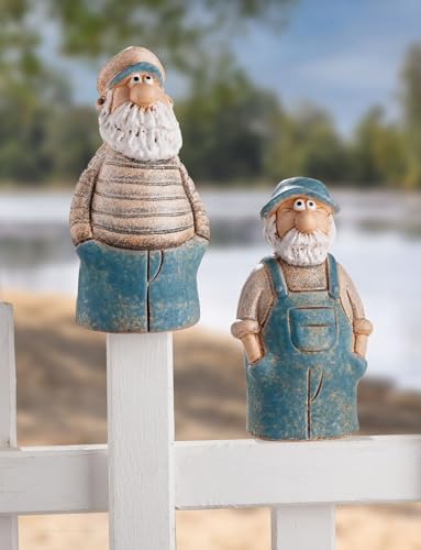 MF Maritime Zaunfiguren Set, 2 Seemänner aus Keramik, Blau-Weiß, 19 cm Höhe, Gartendekoration