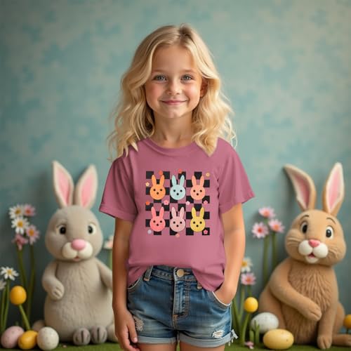 Image of CM C&M WODRO Kid Girl Easter T-Shirt Cute Bunny Flower Checkered Print Tees Summer Short Sleeve Shirt Tops 7-12 Years