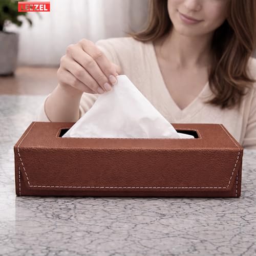 Image of LEEZEL| Tissue Box Holder with 100 Pulls Cotton Rags Tissue | Handcrafted Fine Leather - Like Finish | for Gifting, Office Desks, Cars & Home Decor | Durable & Water Resistant. (Brown)