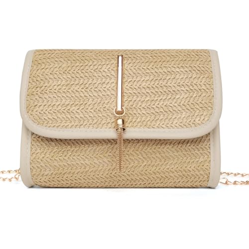 Straw Purse for Women, Small Woven Vacation Handbags Beach Clutch, Crossbody Bag with Removable Chain