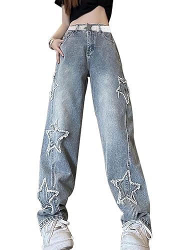 Womens Star Jeans Baggy Cargo Jeans Vintage Casual Y2K Outfits Straight Leg Denim with Pocket2
