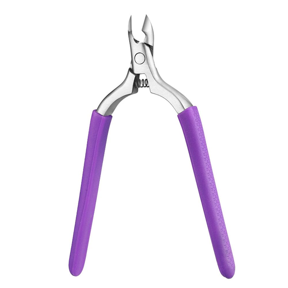Cortauñas de acero inoxidable con bordes de púas y tijeras para cutículas de silicona, color morado. Mango antideslizante.