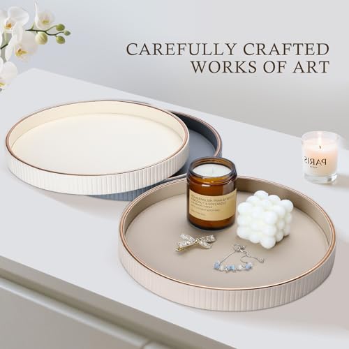 KINGFOM Tablett Serviertablett Groß Deko Tablett Rund Ø 30 cm | PU Leder Dekotablett Valet Tablet für Küche,Wohnzimmer, Schlafzimmer (Beige)