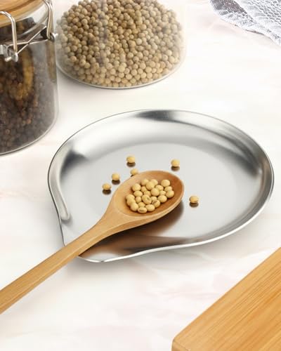Image of VanlonPro Stainless Steel Spoon Rest, Spatula Ladle Holder, Stainless Steel Utensil Spoon Rest Holder, Brushed Finish, Dishwasher Safe 5.9 x 5.1 Inch (Round Silver 1PC)