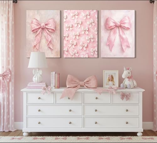 Image of 3Pcs Pink Bow Canvas Wall Art Vintage Trendy Cute Preppy Watercolor Bow Painting Pictures Wall Decor Posters Prints Girly Aesthetic for College Apartment Bedroom Decoration