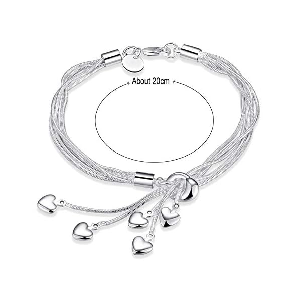 Harlorki Simple 925 Silver Plated Chain 5 Small Love Heart Pendents Charm Wrist Chain Bracelet Bangle Fashion Costume Jewelry for Women Lady Girl