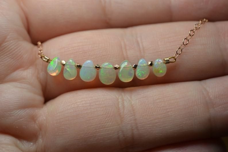 Quality Fire Ethiopian Opal Bar pear 6mm smooth 7inch Sterling Silver Stacking Beaded Bracelet, Simple Layering, Dainty Gemstone Bracelet, Fine Jewelry, Minimalist,