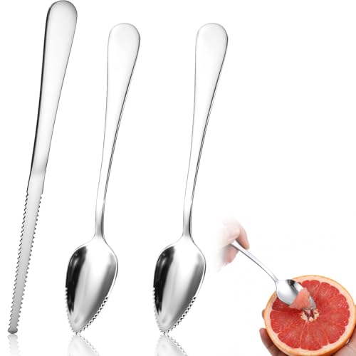 TIESOME Lot de 3 cuillères et couteaux à pamplemousse à bord dentelé, cuillère à fruits en acier inoxydable pour agrumes, salades, pitaya et dessert (2 cuillères + 1 couteau)