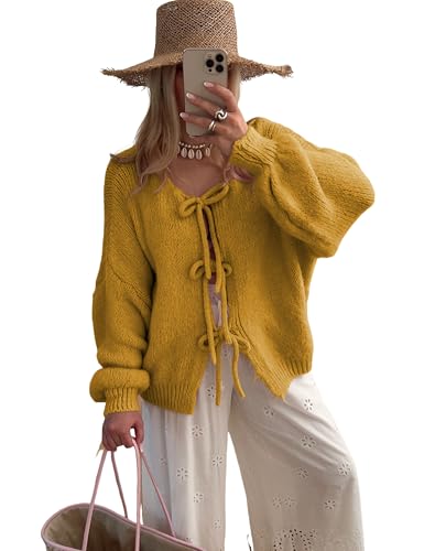 Image of SKIKYAN Women Bowtie Oversized Knit Sweater Cardigan Y2K Long Sleeve V Neck Open Front Casual Knitwears