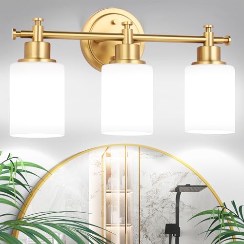 imizdlum 3-Light Gold Bathroom Vanity Light Fixtures, Brushed Gold Wall Sconce, Champagne Gold Vanity Light with Milky White Glass Shade Over Mirror, Bathroom, Bedroom, Modern Style, E26 Base
