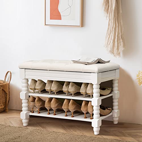 Tinytimes Shoe Bench, Storage Rack Organizer With Cushion, 3-Tier Shoe Rack For Entryway, With Seating Soft Leather Cushion, Vintage Thicked Roman Column Design, Entryway Bench -White, 31.5" #TOP2