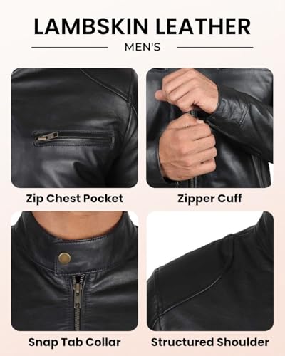 Image of Blingsoul Leather Jacket Men - Real Lambskin Cafe Racer Motorcycle Style Jacket for Mens