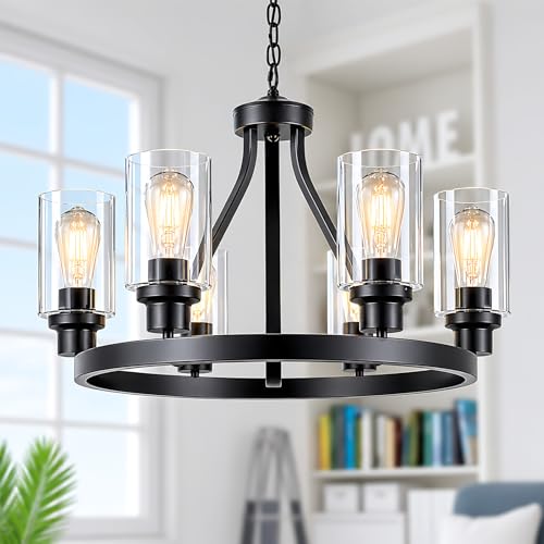 Lanhall 6-Light Farmhouse Chandelier Light Fixture Dining Room Lighting Fixtures Hanging Wagon Wheel Chandelier Kitchen Island Pendant Lights Modern Black Industrial Rustic Adjustable Height Metal