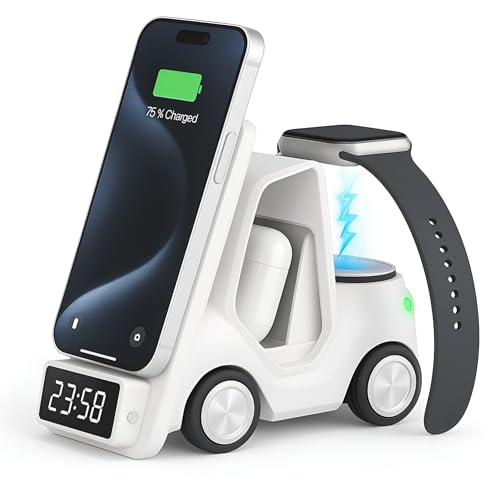 Image of Topgo 5-in-1 Wireless Charger with Alarm Clock & LED Light | 3 in 1 Charging Dock for iPhone 16 /15 /14 /13 /Samsung S25 /S24 /Nothing 3 /3a pro /2 /OnePlus 13s /13 /12, Apple Watch 10 /9 /8, Air Pods, Car Shape