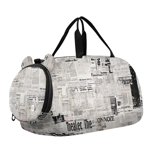 Vintage Newspaper Texture Duffle Bag for Girl, Sports Duffle Gym Bags with Shoe Compartment, Personalized Overnight Bag Travel Weekender for Kids