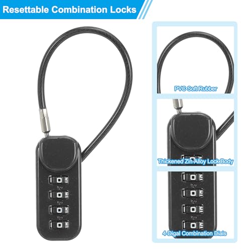 Image of PATIKIL 2 Pack 4 Digit Combination Lock, Helmet Padlock Cable Lock Gym Locker Lock with 0.44Ft Flexible Security Steel Lock Wire for Bike Locker Travel Luggage, Black