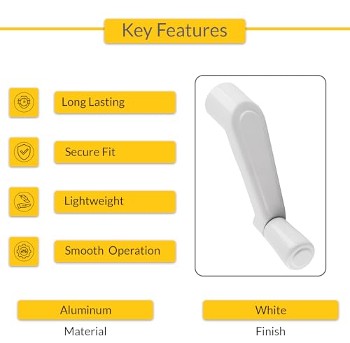 Image of Brixwell Crank Handle White Aluminum 3 /8 Inch Spline, 2-11 /16 Inch Length, 1-1 /2 Inch Height, 9 /16 Inch Knob Diameter, Durable Window Hardware Replacement for Smooth Operation and Secure Connection