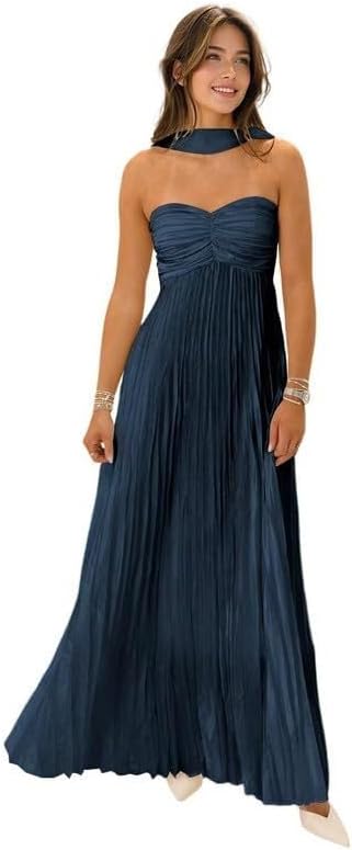 Womens Chiffon Bridesmaid Dresses with Scarf Long Strapless Prom Dresses 2025 Pleated Wedding Guest Dress B21