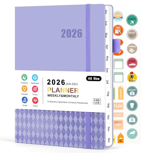 MOFELON 2026 Diary A5 Week to View,Diary 2026 from Jan 2026 to Dec 2026, Weekly & Monthly Planner, 2026 Academic Diary, Hardcover with Monthly Tabs, Pen Holder, 21.5 x 15.5 x 1.5cm (purple)